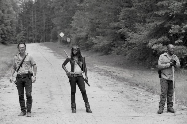 Andrew Lincoln as Rick Grimes, Danai Gurira as Michonne and Lennie James as Morgan Jones - The Walking Dead _ Season 6, Episode 1 - Photo Credit: Gene Page/AMC