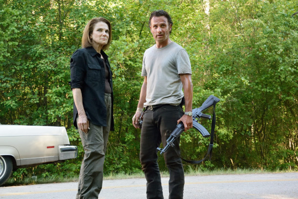 Tovah Feldshuh as Deanna Monroe and Andrew Lincoln as Rick Grimes - The Walking Dead _ Season 6, Episode 1 - Photo Credit: Gene Page/AMC